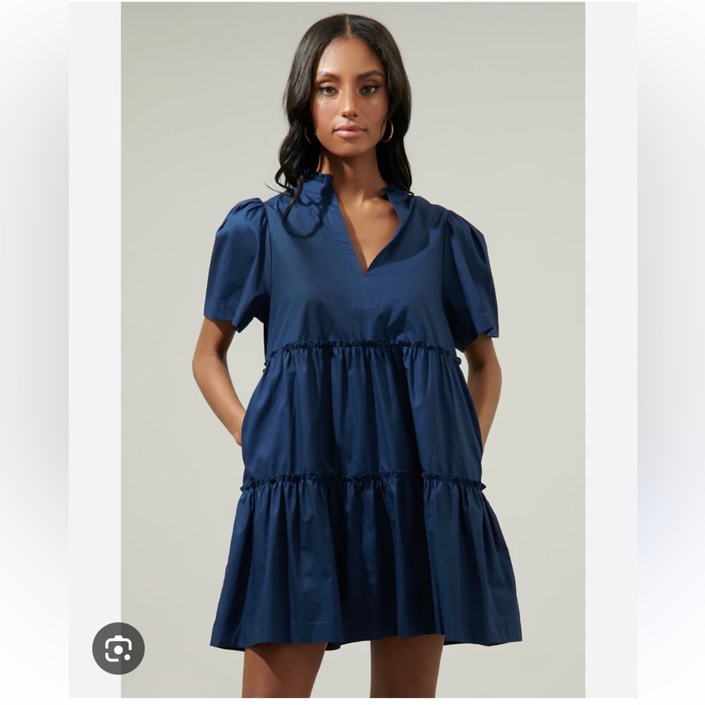 Blue Tiered Short Sleeve Dress